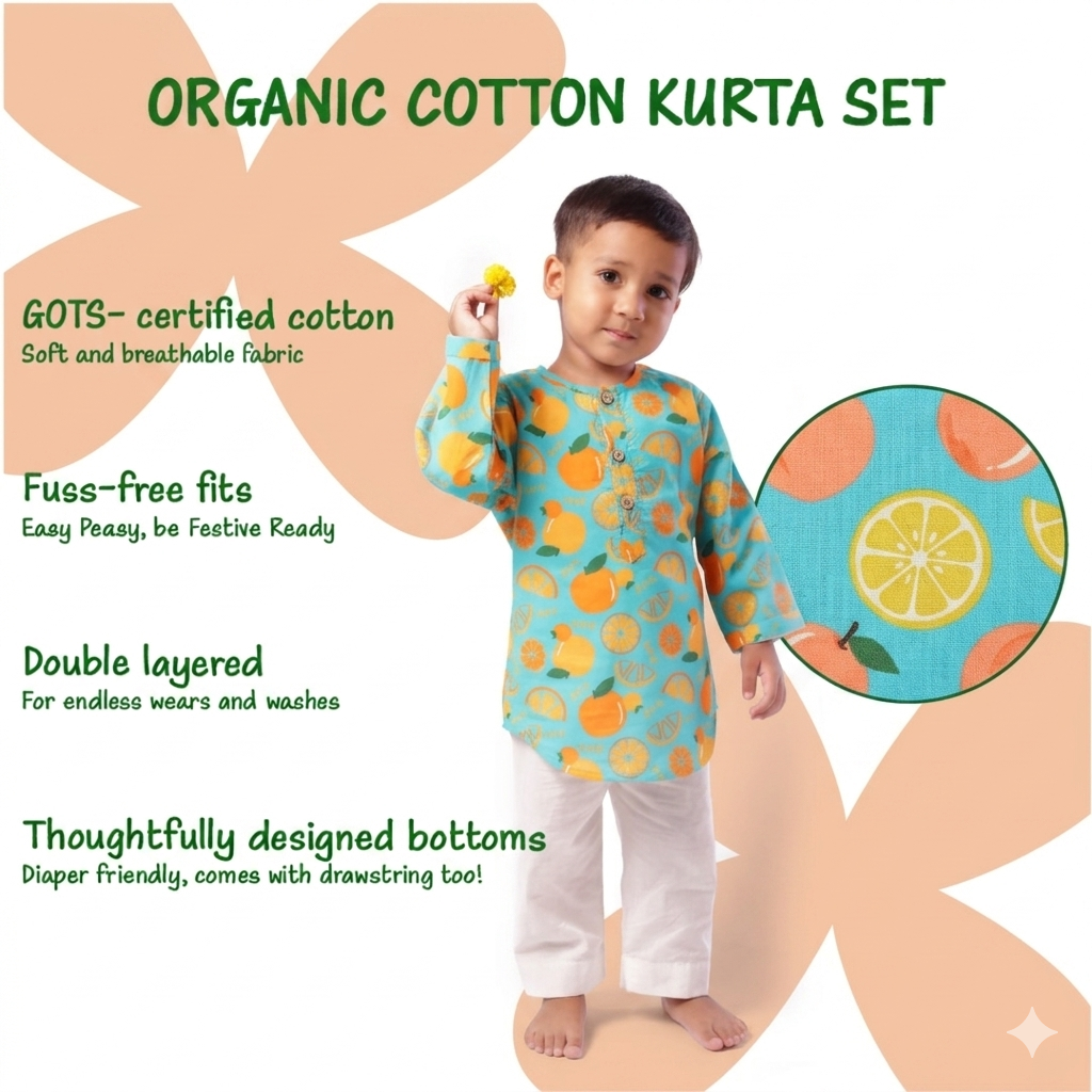 Organic Cotton Unisex 'Dancing Oranges' Kurta Set