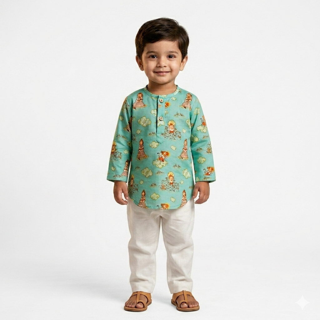 Organic Cotton Unisex 'Veer Hanuman' Kurta Set - Green