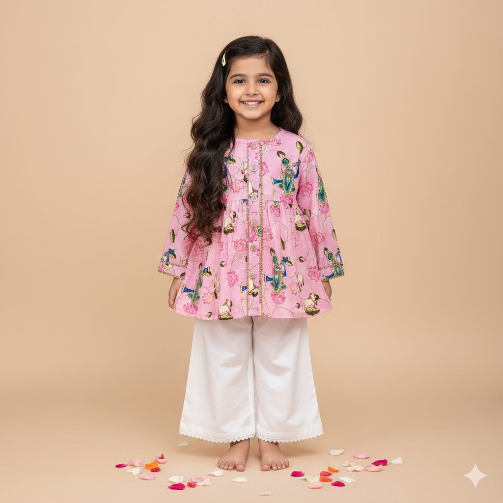 Chanderi Pichwai Print Kurta Set for Girls