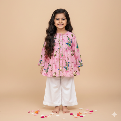 Chanderi Pichwai Print Kurta Set for Girls