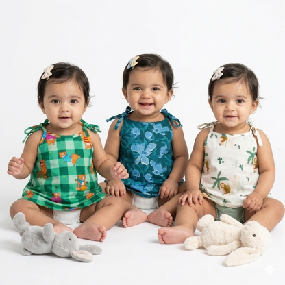 Organic Cotton Set of 3 Printed Unisex Tie-up Jhablas- Blue Floral