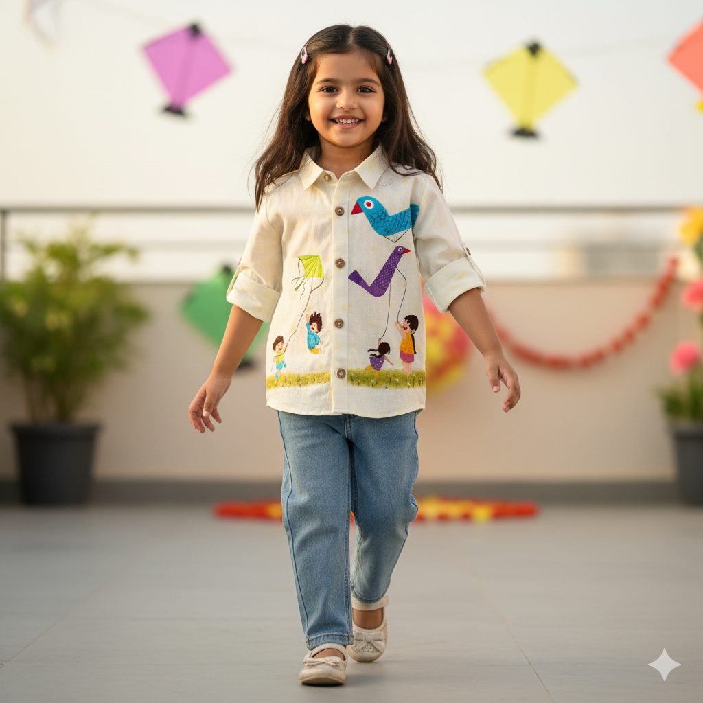 Makar Sankranti special Colourful Kites Print Unisex Cotton Linen Shirt for infants, toddlers and kids.