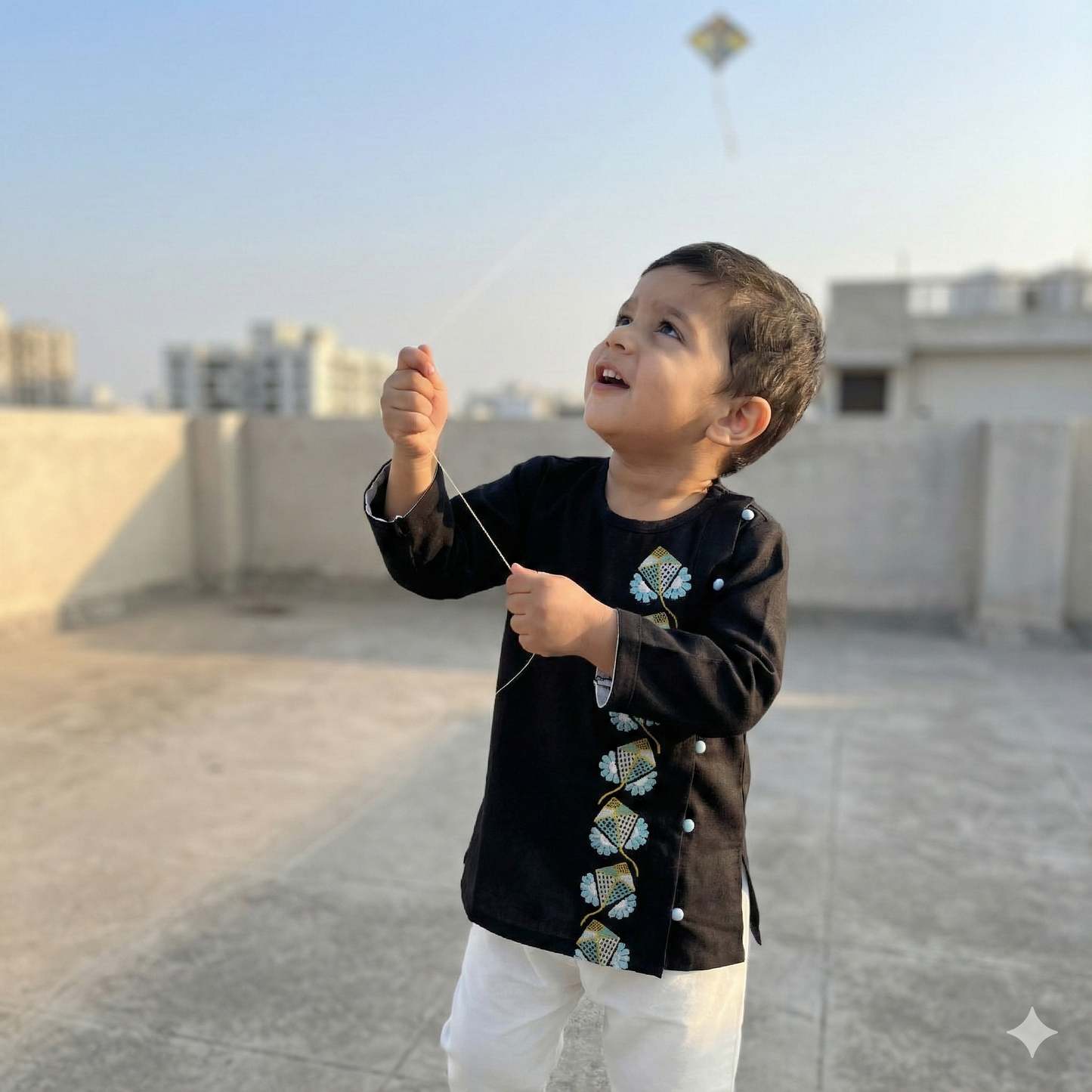 Sankranti special cotton slub black kites-embroidered kurta set for infants, toddlers and kids.