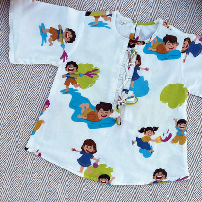 Organic Cotton 'Holi Hai' Kurta Set for Girls - White