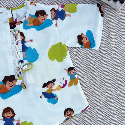 Organic Cotton 'Holi Hai' Kurta Set for Girls - White