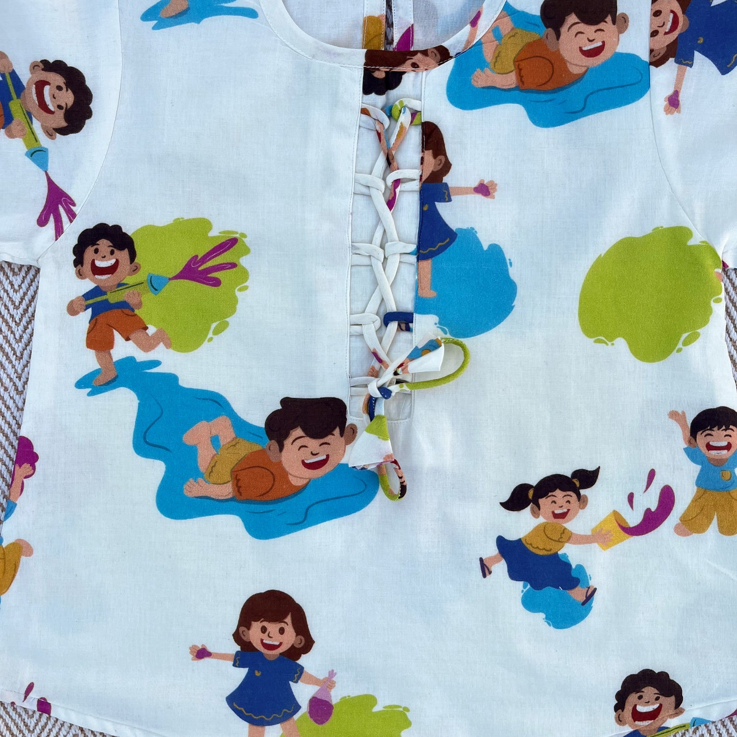 Organic Cotton 'Holi Hai' Kurta Set for Girls - White