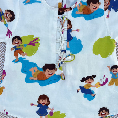 Organic Cotton 'Holi Hai' Kurta Set for Girls - White