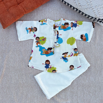 Organic Cotton 'Holi Hai' Kurta Set for Girls - White