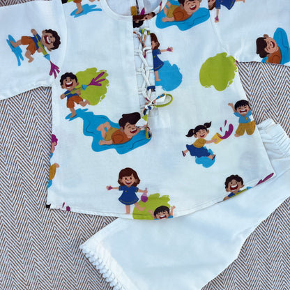 Organic Cotton 'Holi Hai' Kurta Set for Girls - White