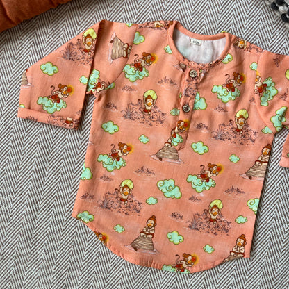 Organic Cotton Unisex 'Veer Hanuman' Kurta Set - Orange