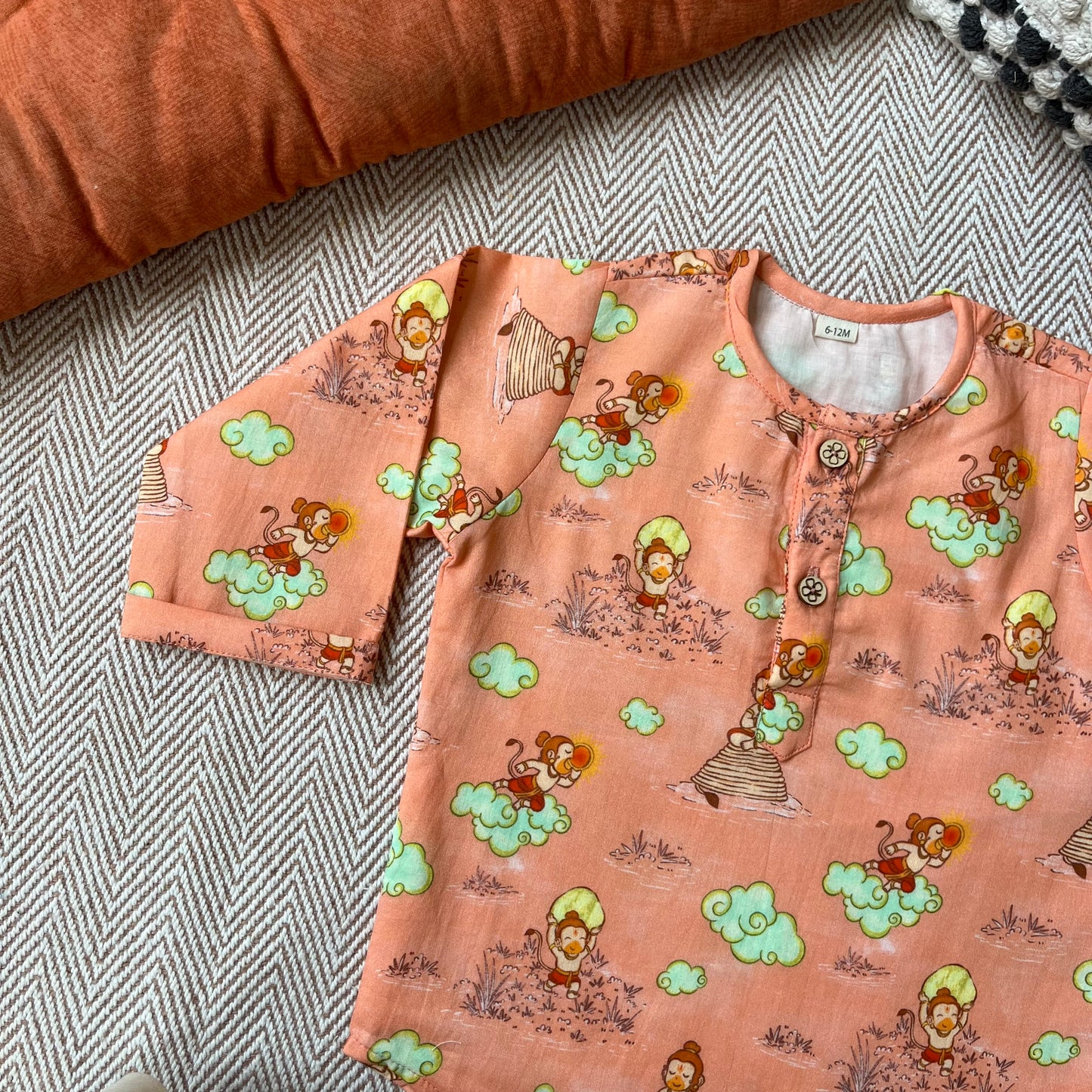 Organic Cotton Unisex 'Veer Hanuman' Kurta Set - Orange