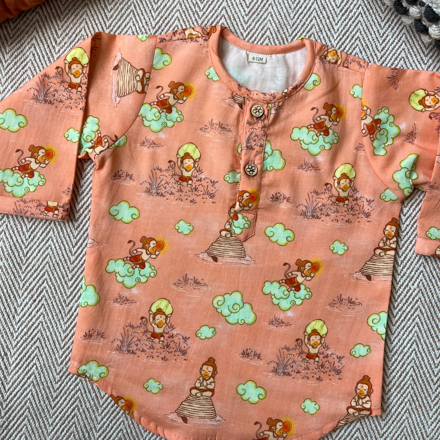 Organic Cotton Unisex 'Veer Hanuman' Kurta Set - Orange