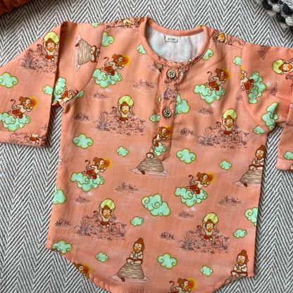 Organic Cotton Unisex 'Veer Hanuman' Kurta Set - Orange