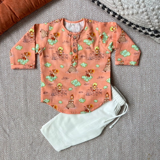 Organic Cotton Unisex 'Veer Hanuman' Kurta Set - Orange