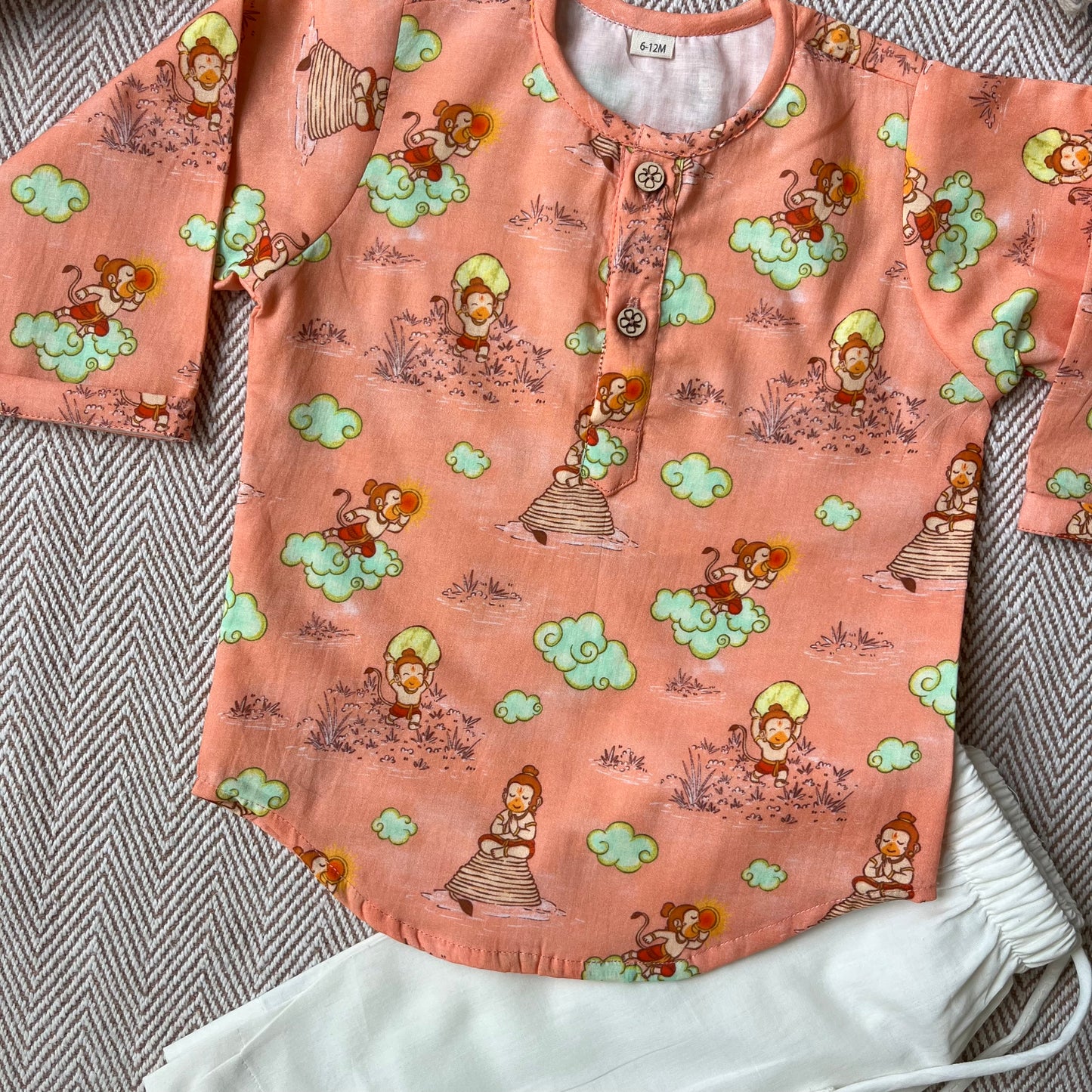 Organic Cotton Unisex 'Veer Hanuman' Kurta Set - Orange