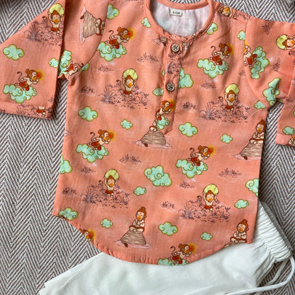 Organic Cotton Unisex 'Veer Hanuman' Kurta Set - Orange