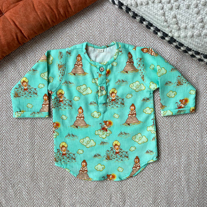 Organic Cotton Unisex 'Veer Hanuman' Kurta Set - Green