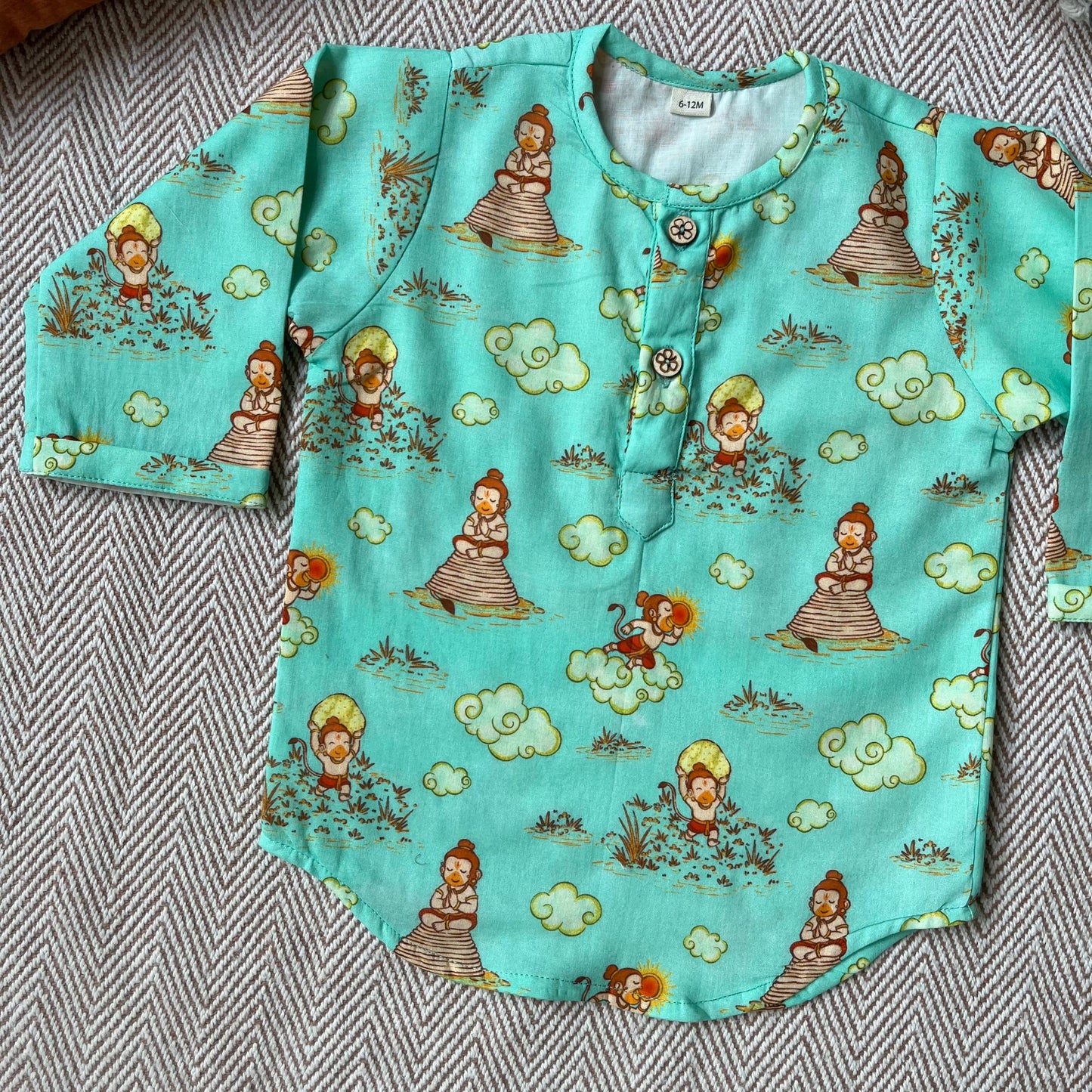 Organic Cotton Unisex 'Veer Hanuman' Kurta Set - Green