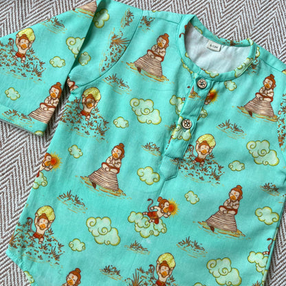 Organic Cotton Unisex 'Veer Hanuman'  Kurta- Green