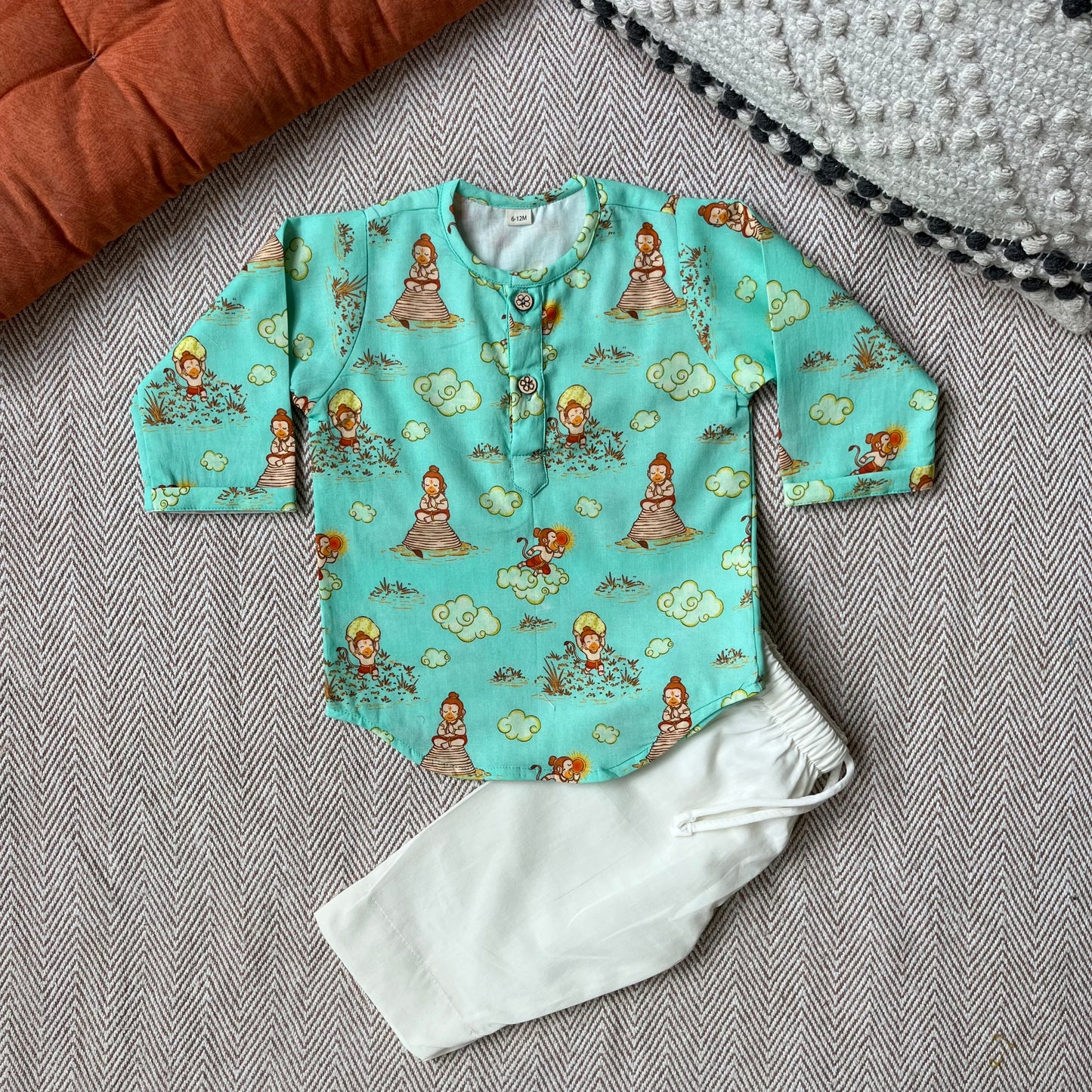 Organic Cotton Unisex 'Veer Hanuman' Kurta Set - Green