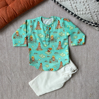 Organic Cotton Unisex 'Veer Hanuman' Kurta Set - Green