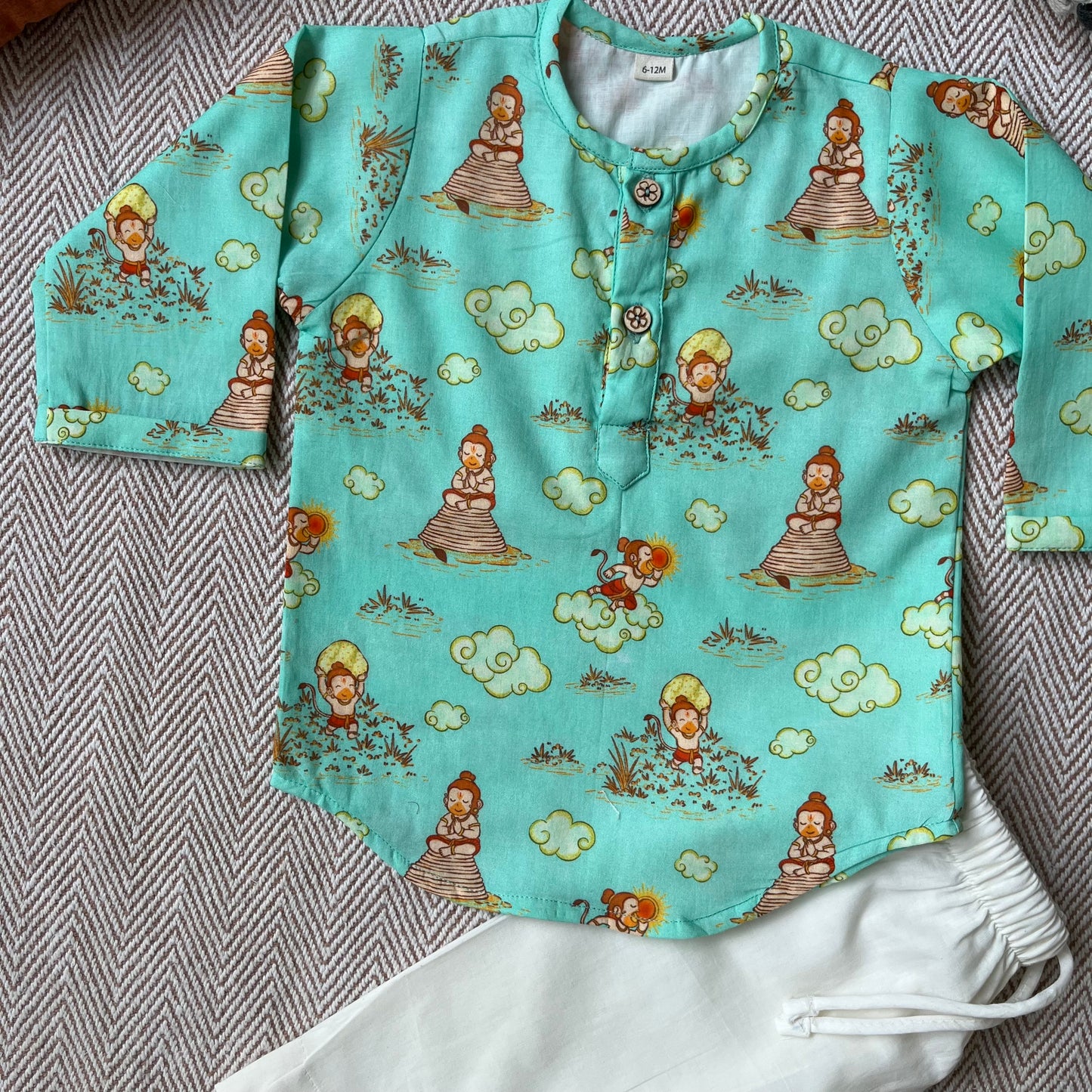 Organic Cotton Unisex 'Veer Hanuman' Kurta Set - Green