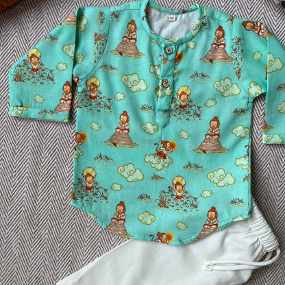 Organic Cotton Unisex 'Veer Hanuman' Kurta Set - Green