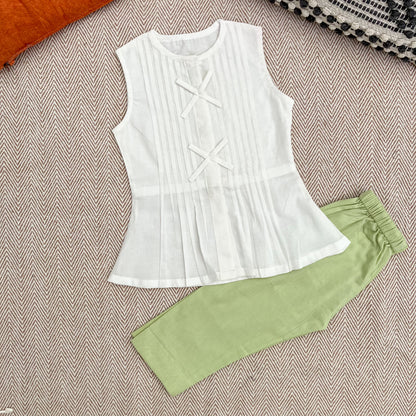 Organic Cotton Pleated Coord White and Green