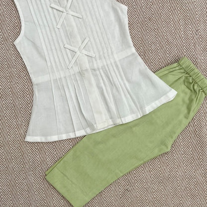 Organic Cotton Pleated Coord White and Green