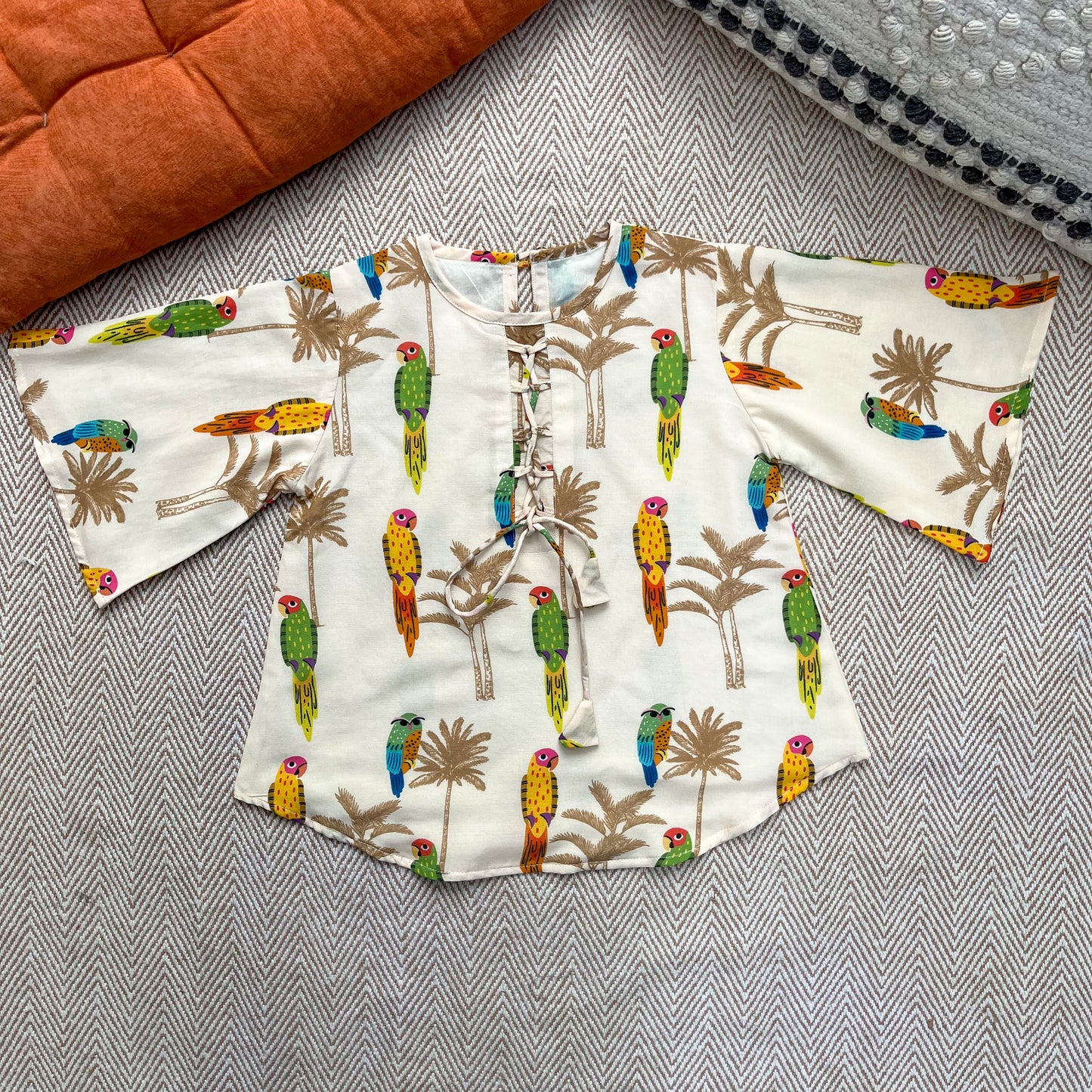 Mul Chanderi 'Parrot Party' Kurta Set for Girls