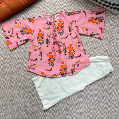 Mul Chanderi 'The Pink City's Peacock' Kurta Set for Girls