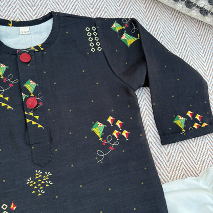 Chanderi Unisex Black Bandhej Kites Print Kurta Set