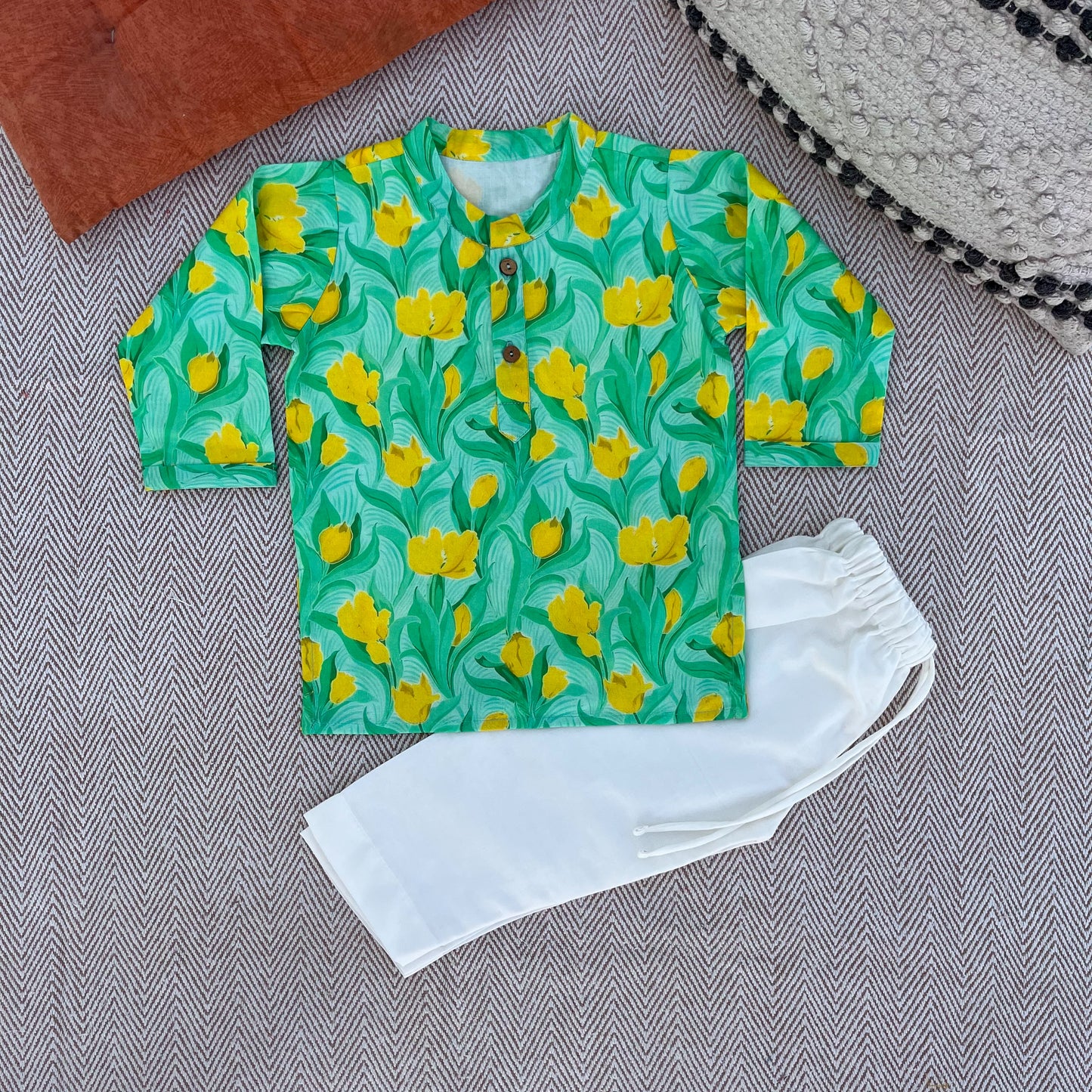 Organic Cotton Green Floral Kurta Set for Boys