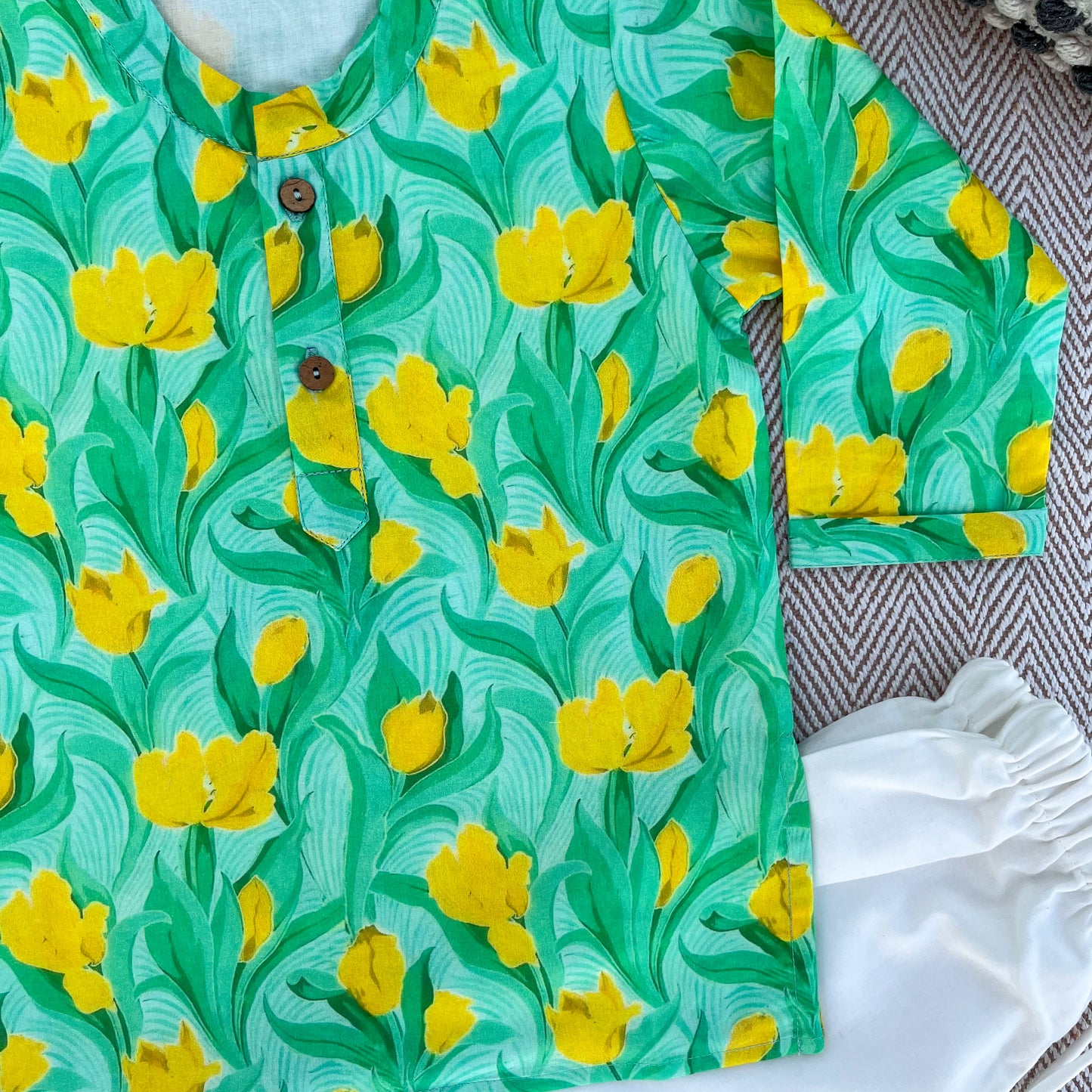 Organic Cotton Green Floral Kurta Set for Boys