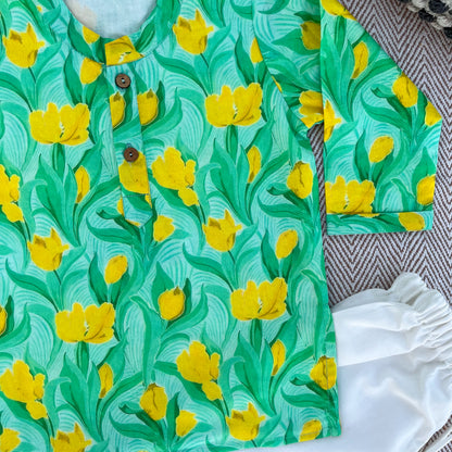 Organic Cotton Green Floral Kurta Set for Boys