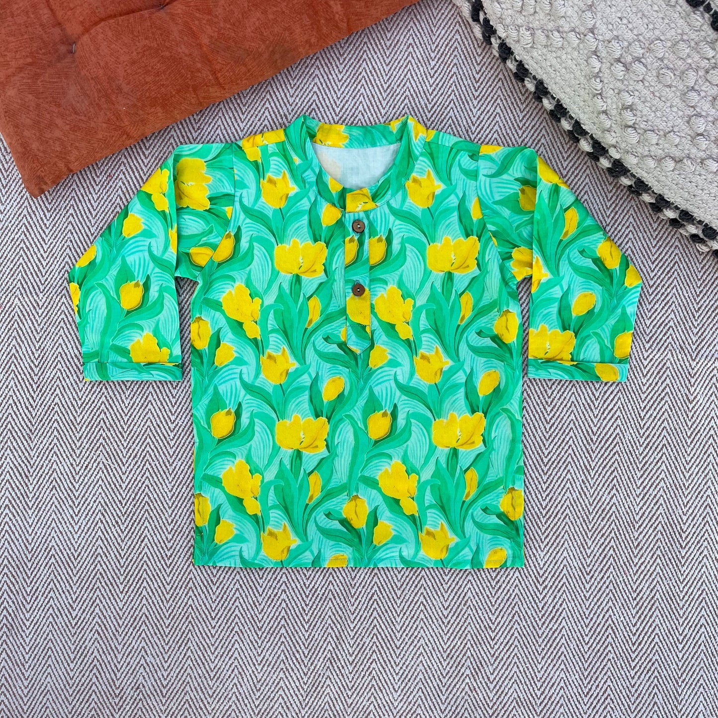 Organic Cotton Green Floral Kurta Set for Boys