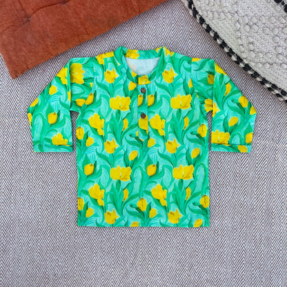Organic Cotton Green Floral Kurta Set for Boys