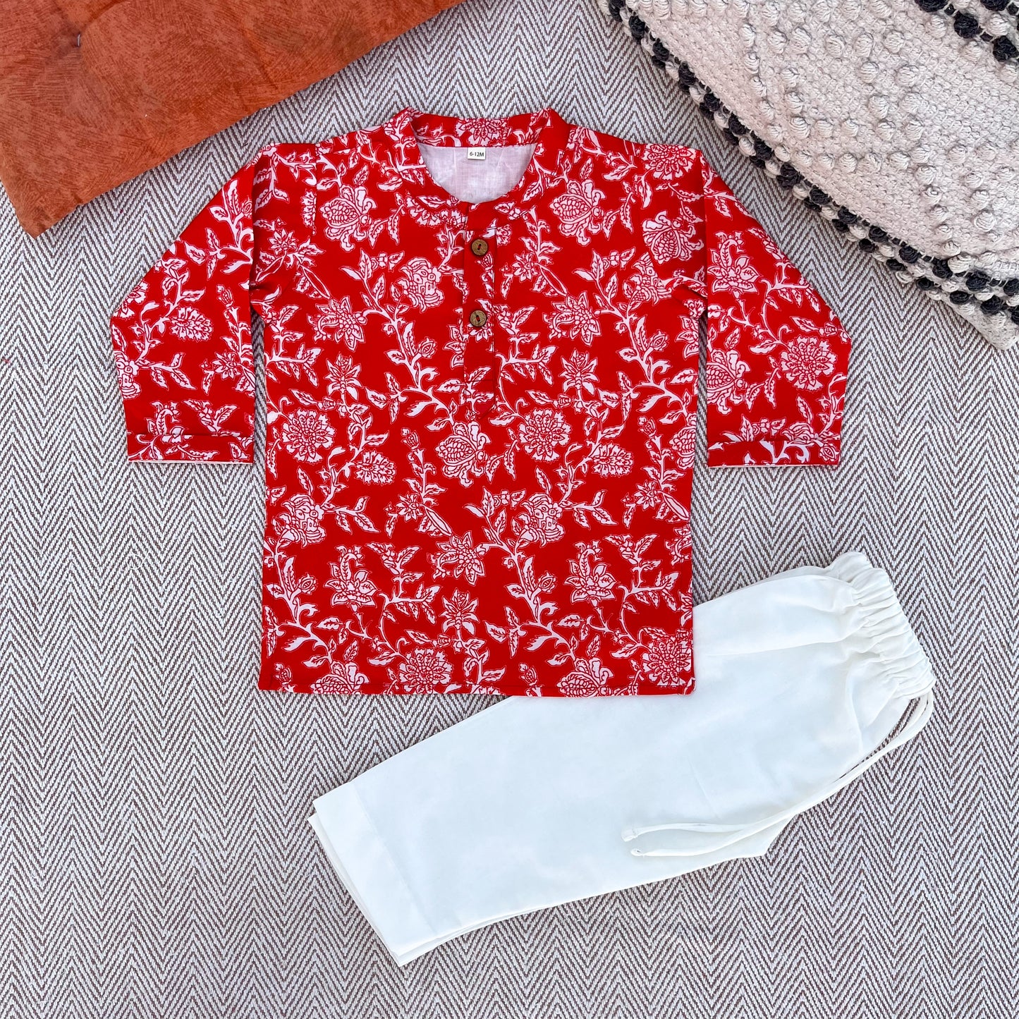 Organic Cotton Red Floral Kurta Set for Boys