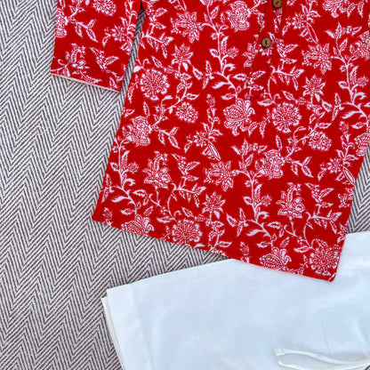 Organic Cotton Red Floral Kurta Set for Boys