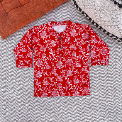 Organic Cotton Red Floral Kurta Set for Boys