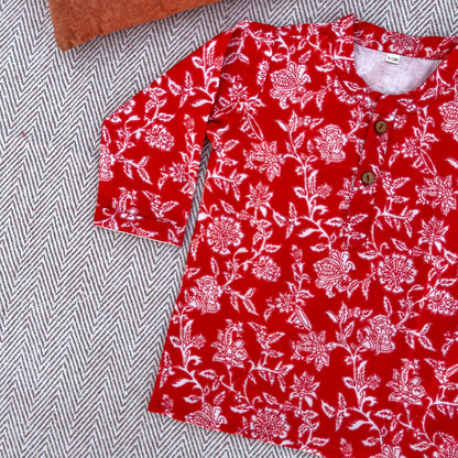 Organic Cotton Red Floral Kurta Set for Boys