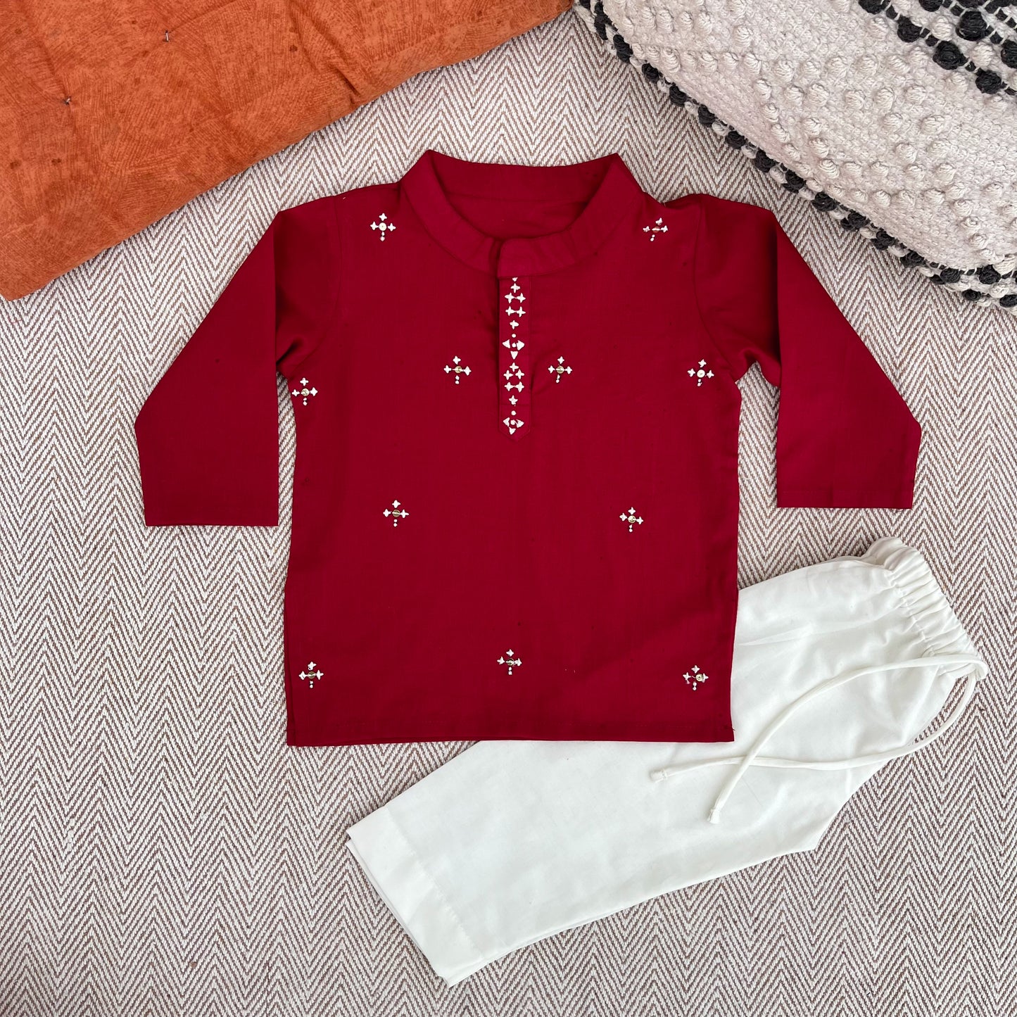 Organic Cotton Red Embroidered Kurta Set for Boys