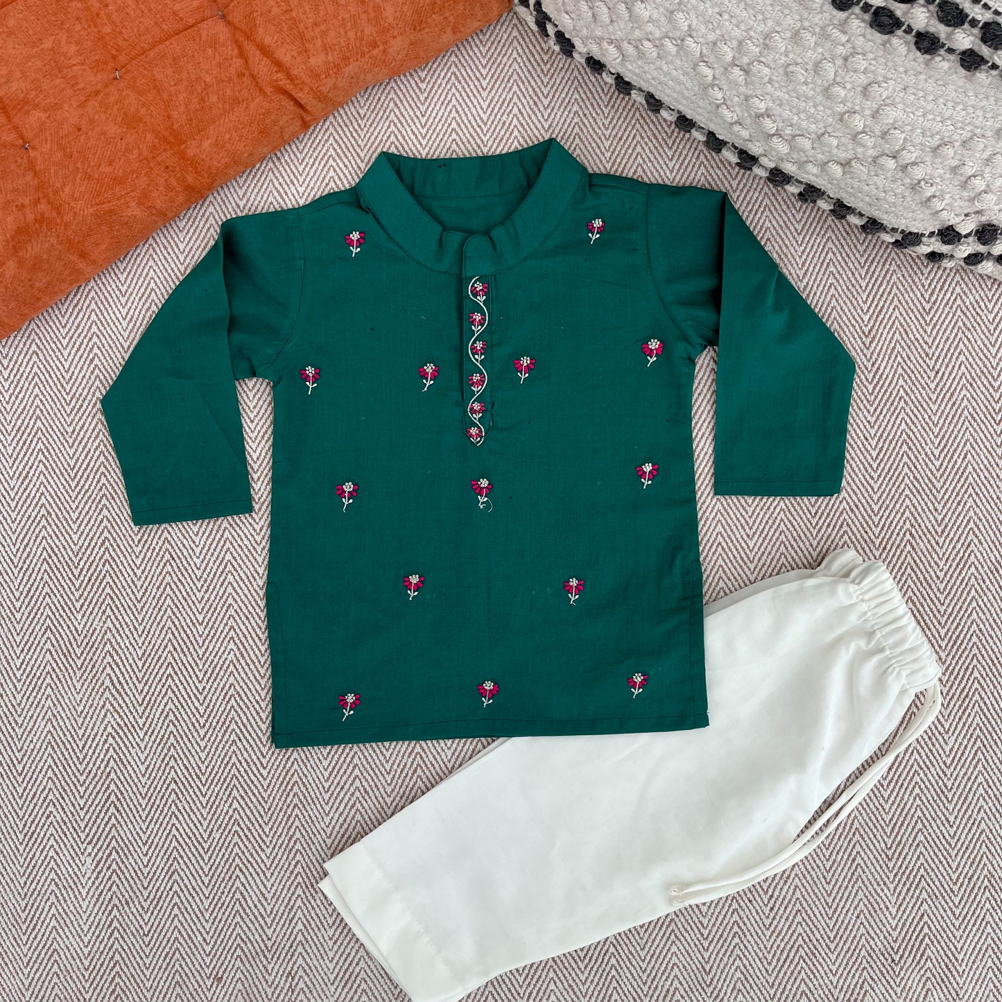 Organic Cotton Green Floral Embroidered Kurta Set for Boys
