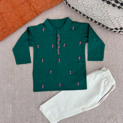 Organic Cotton Green Floral Embroidered Kurta Set for Boys