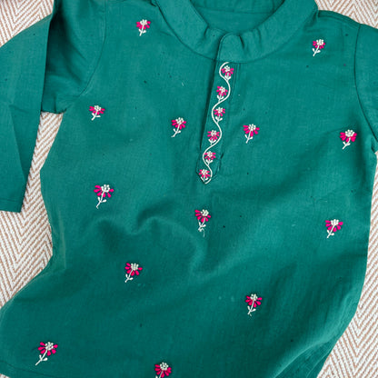 Organic Cotton Green Floral Embroidered Kurta Set for Boys