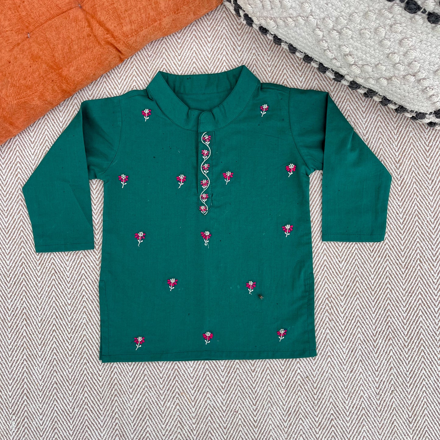Organic Cotton Green Floral Embroidered Kurta Set for Boys