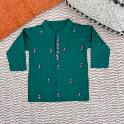 Organic Cotton Green Floral Embroidered Kurta Set for Boys