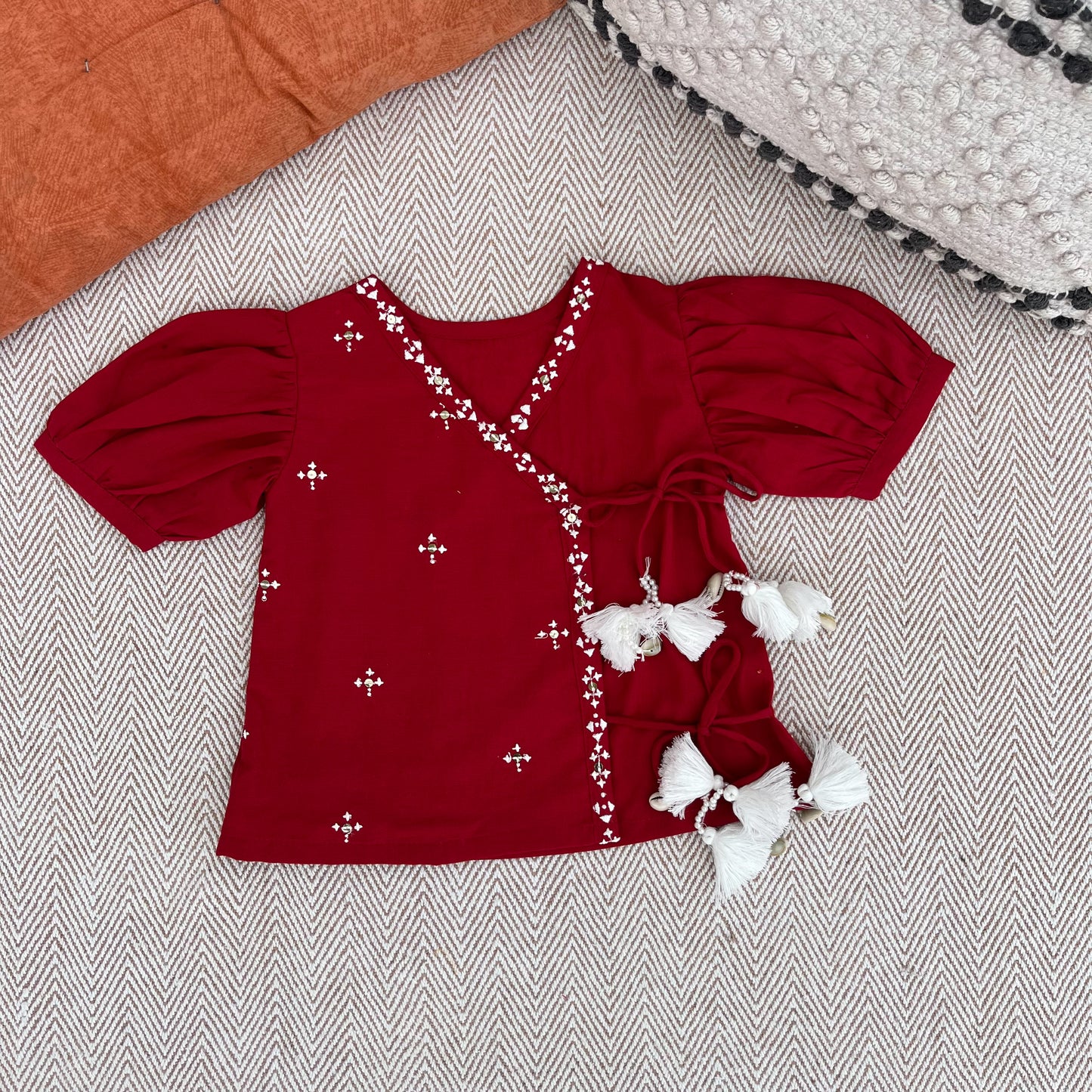 Organic Cotton Red Embroidered Angrakha Set for Girls
