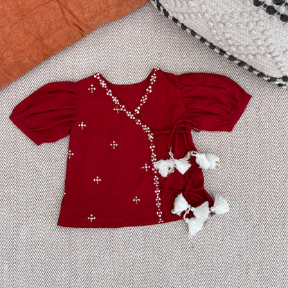 Organic Cotton Red Embroidered Angrakha Set for Girls