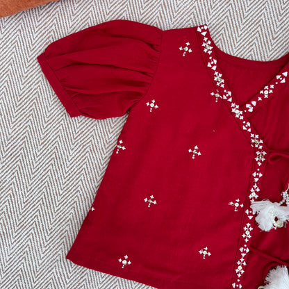 Organic Cotton Red Embroidered Angrakha Set for Girls